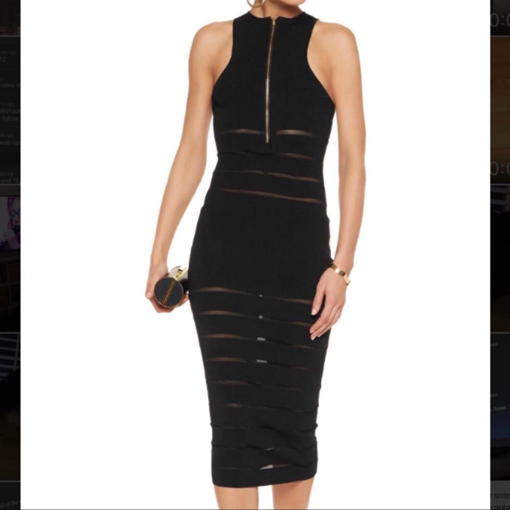 Self-Portrait Black Bandage Sheer Panel Zip Front Midi Dress Size S